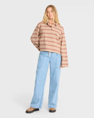 Sugar Stripe Long Sleeve Cotton Polo Shirt - Sugar Almond