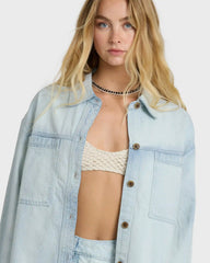 Jade Saltwashed Long Sleeve Woven Top - Blue Mist