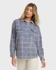 Fadeaway Long Sleeve Cord Shacket - Stone Blue