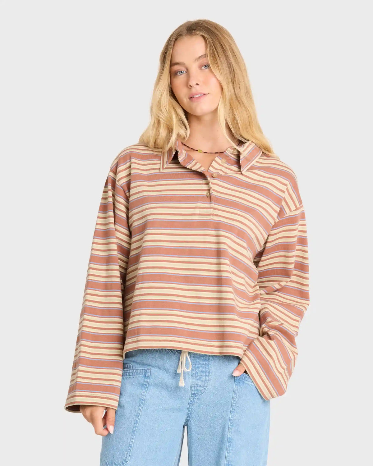 Sugar Stripe Long Sleeve Cotton Polo Shirt - Sugar Almond