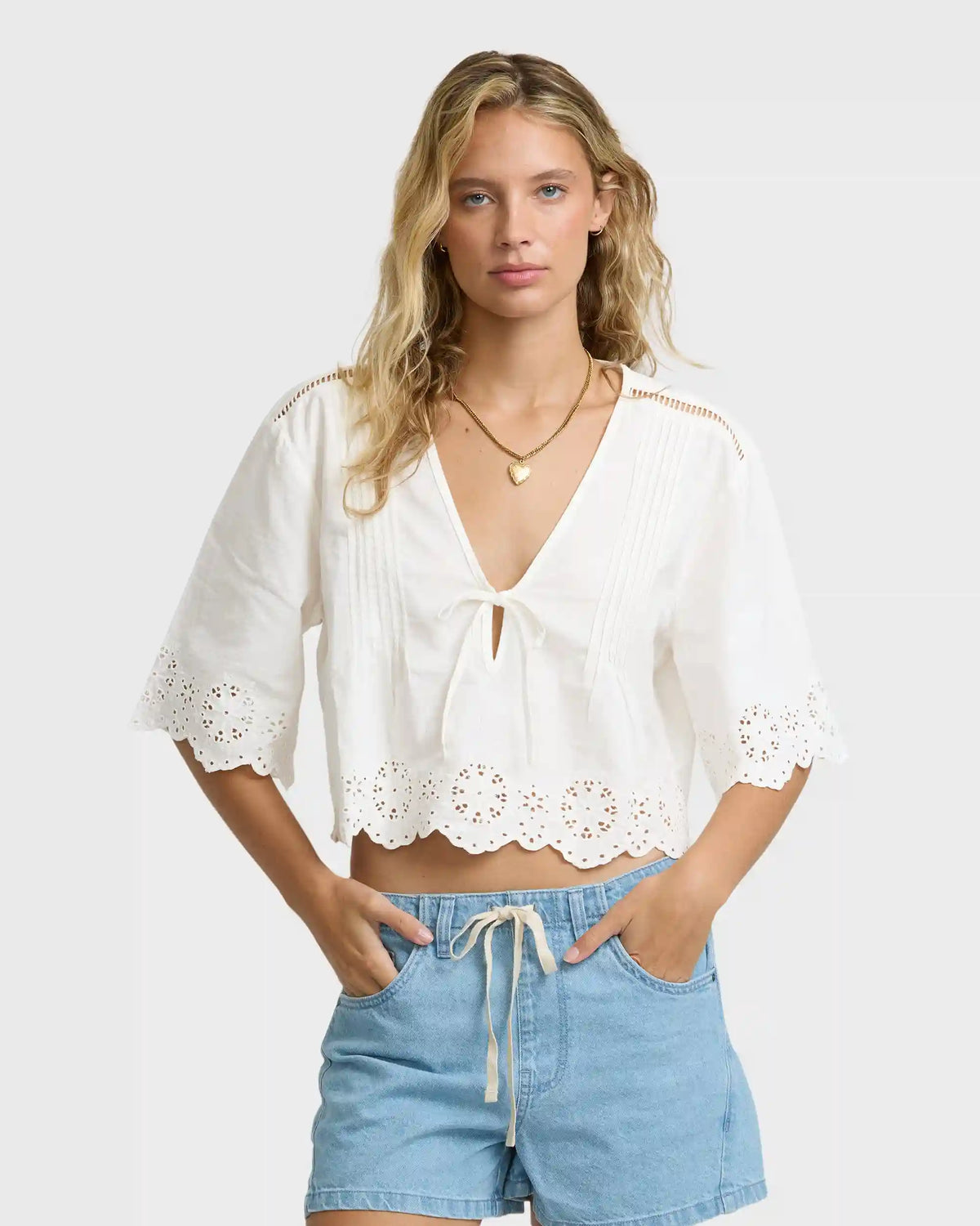 Light And Airy Short Sleeve Cotton Blouse - Salt Crystal
